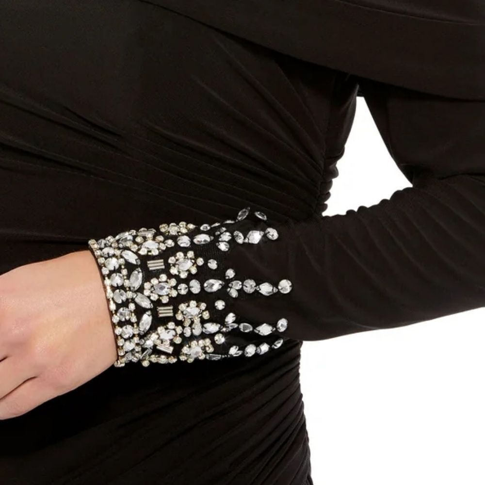 Mac Duggal Black Foldover Long Sleeve Jeweled Midi Dress SIZE 6 NWT Retail $258 - Picture 5 of 14